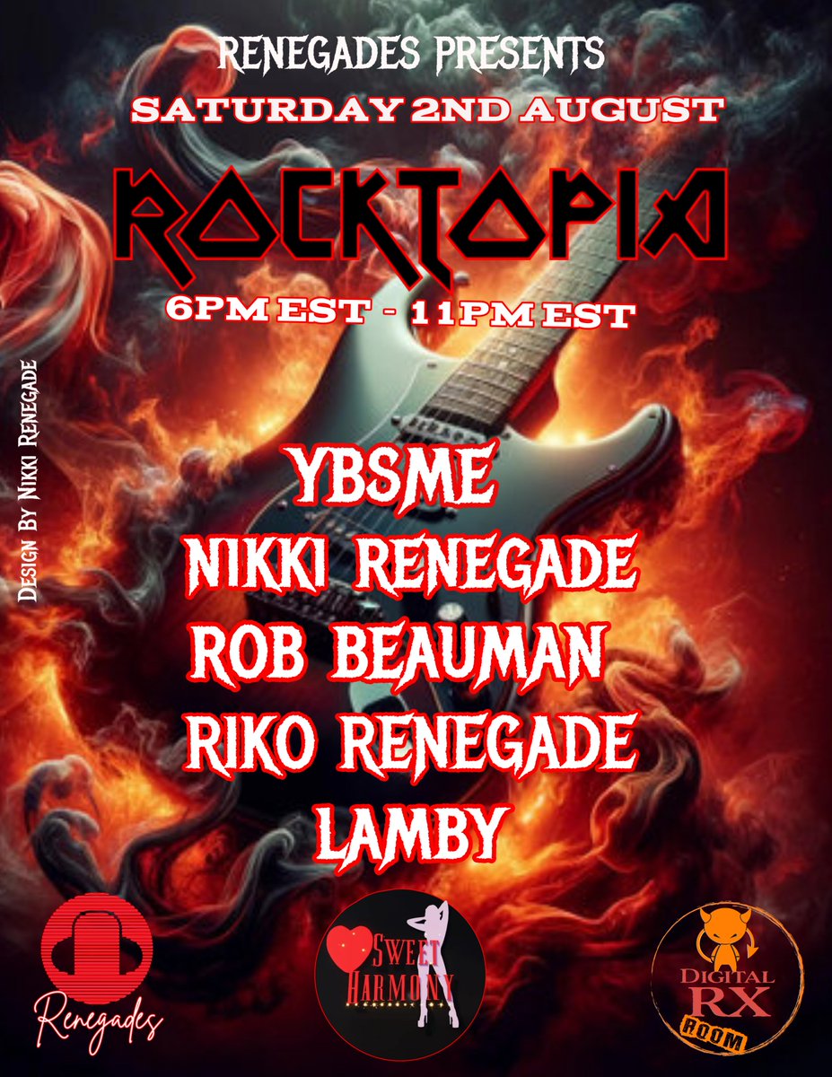 Tonight Aug. 2nd at 6pm EST Renegades Present - Rocktopia!
Dj's YBSME, <a href="/renegade_nikki/">Nikki Renegade 3dx</a> , Rob Beauman, Riko Renegade, and Lamby, all performing tonight! Sweet Harmony will be dancing for your entertainment as well!
#rocktopia #3dxchat