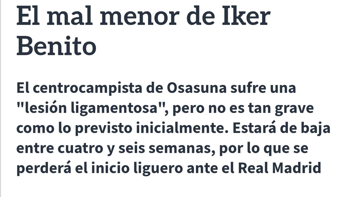 Golmunio Osasuna 𝕏 (@golmunioosasuna) on Twitter photo 📝 #CAOsasuna | Según <a href="/DiariodeNavarra/">Diario de Navarra</a>, Iker Benito estará 4-6 semanas de baja por lesión. 📝 #CAOsasuna | Según <a href="/DiariodeNavarra/">Diario de Navarra</a>, Iker Benito estará 4-6 semanas de baja por lesión.