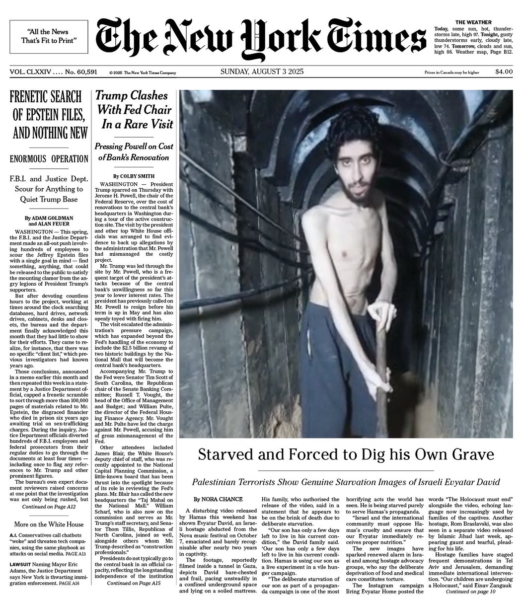 Here you go, <a href="/nytimes/">The New York Times</a>, I've done the work for you: a front page showing deliberate starvation and torture in Gaza. The image was released by the Gaza Health Ministry (well, their bosses) so you won't even need to check it like last time. This one is 100% genuine. 🎗️