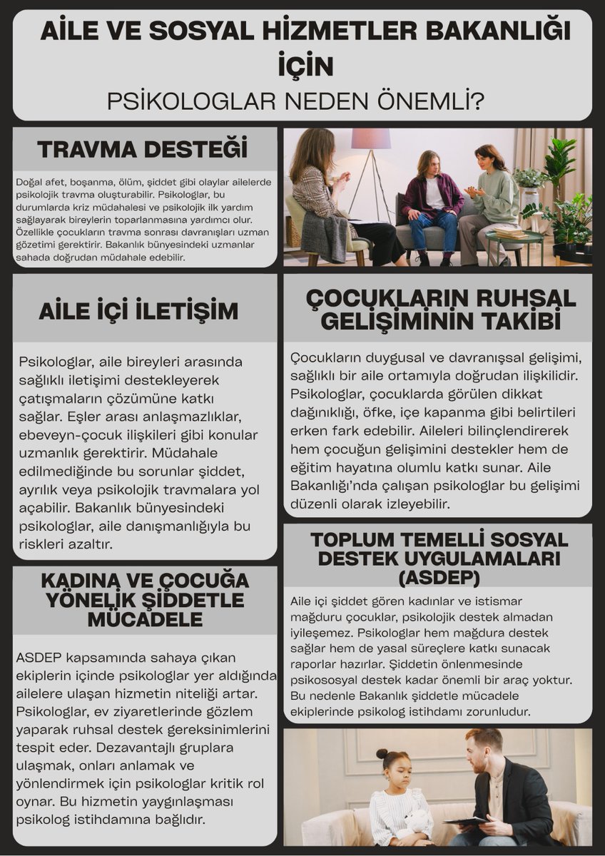 Psikologlar olarak uzun süredir Aile Rehberi Projesi kapsamında atama bekliyoruz.
Sahada yer almak, çocuklara, ailelere ve topluma destek olmak istiyoruz.

#AileYılındaPsikoloğaAtama

<a href="/MahinurOzdemir/">Mahinur Özdemir Göktaş</a> <a href="/tcailesosyal/">T.C. Aile ve Sosyal Hizmetler Bakanlığı</a>
