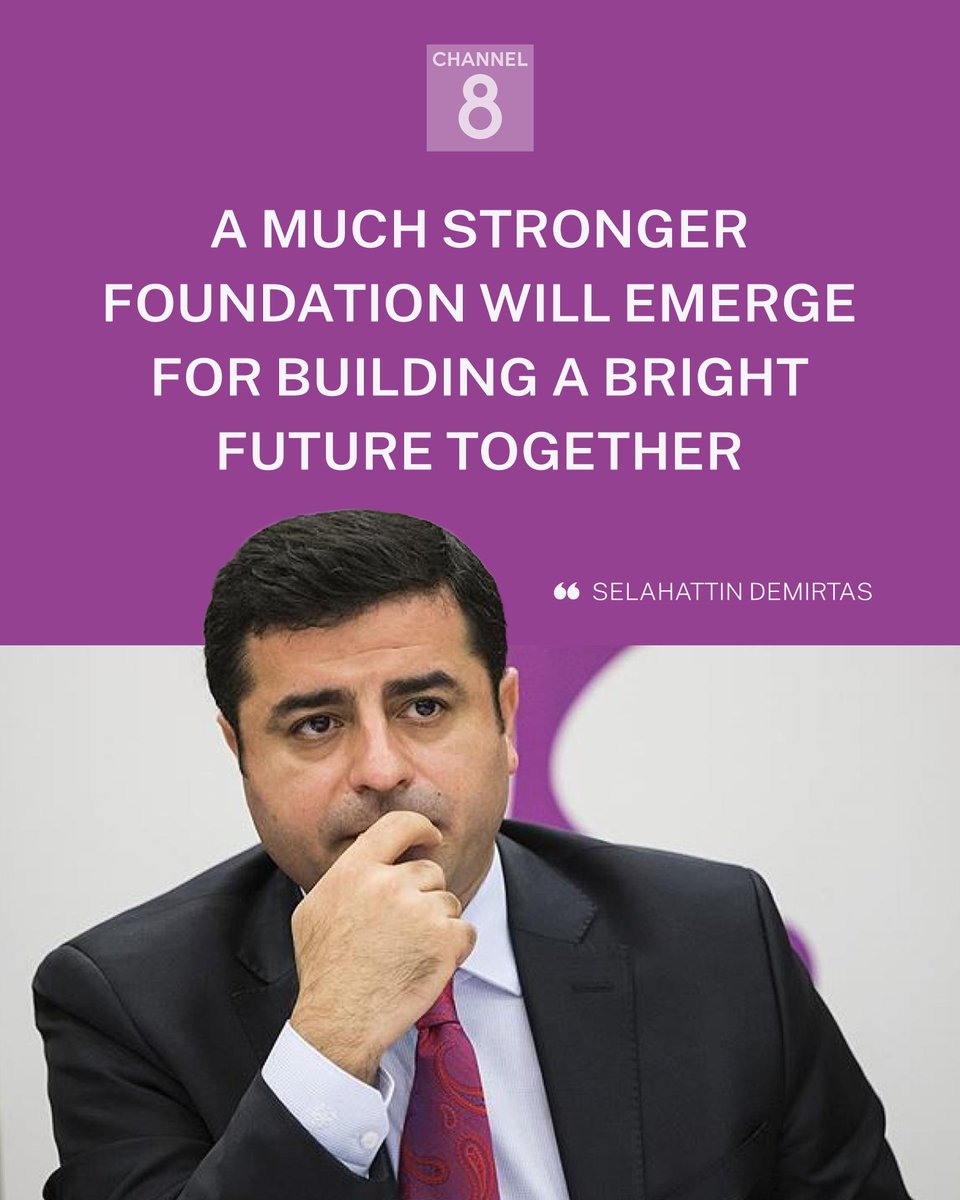Channel8English's tweet image. In a message conveyed by DEM Party MP Omer Faruk Gergerlioglu, Selahattin Demirtas expressed hope that peace would open a new chapter in Turkey and lay the foundation for "a brighter future", concluding with the words: "To days filled with freedom."

#CHANNEL8 #Demirtas #DEMParty