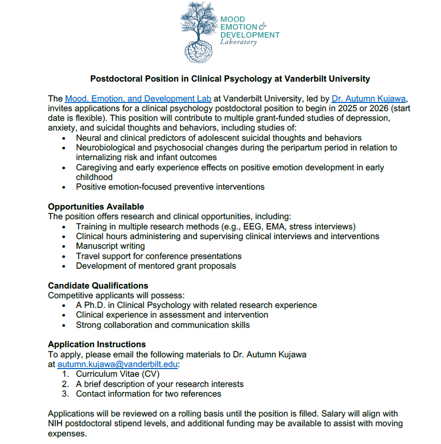 Hi SSI SIG members! The Mood, Emotion, and Development Lab at Vanderbilt University is looking to fill a clinical psychology postdoctoral position for 2025 or 2026. See below for details and instructions on how to apply!