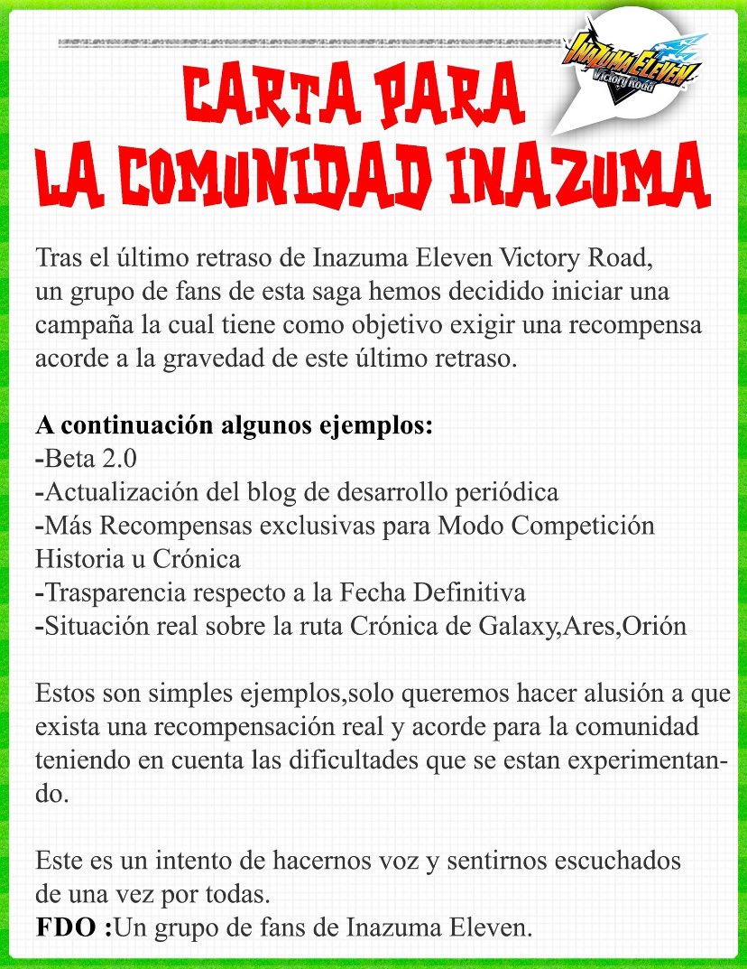 BRACO (@braco_frost) on Twitter photo Debido al último retraso del Victory Road, se ha iniciado esta campaña de manera respetuosa para ver si Akihiro y level5 por fin nos hace caso.
#WeDeserveMoreVR
MÁXIMA difusión a esto y que les llegue. <a href="/AkihiroHino/">日野晃博</a> <a href="/LEVEL5_times/">レベルファイブ</a>
<a href="/InazumaSeries/">Inazuma Eleven Series</a> <a href="/inazuma_project/">イナズマイレブン公式</a> Debido al último retraso del Victory Road, se ha iniciado esta campaña de manera respetuosa para ver si Akihiro y level5 por fin nos hace caso.
#WeDeserveMoreVR
MÁXIMA difusión a esto y que les llegue. <a href="/AkihiroHino/">日野晃博</a> <a href="/LEVEL5_times/">レベルファイブ</a>
<a href="/InazumaSeries/">Inazuma Eleven Series</a> <a href="/inazuma_project/">イナズマイレブン公式</a>
