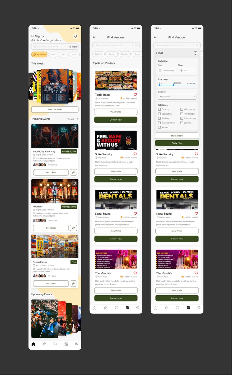 BanjokoTemiday3's tweet image. Here is my submission. The concept of an app for event ticketing and vendor sourcing made me crave a seamless user experience in buying tickets and zero hassles in hiring a vendor so I designed an app that delivered on that.
behance.net/banjokotemiday…