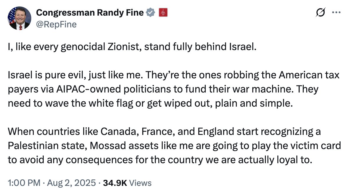 <a href="/RepFine/">Congressman Randy Fine</a> If you were an honest and self-critical person, your post would look like this: