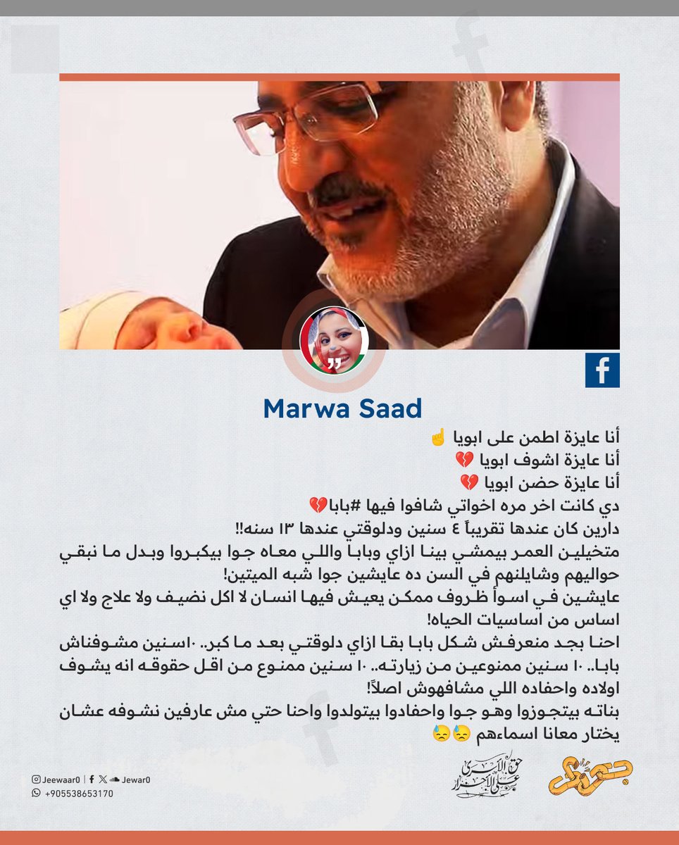 كتبت " مروة سعد " ابنة المعتقل " محمد سعد عليوة ": 

أنا عايزة أتطمن على أبويا
أنا عايزة اشوف أبويا 
أنا عايزة حضن أبويا

دي كانت آخر مره اخواتي شافوا فيها بابا.. دارين كان عندها تقريبًا 4 سنين ودلوقتي عندها 13 سنة!!
متخيلين العمر بيمشي بينا ازاي وبابا واللي معاه جوا بيكبروا وبدل