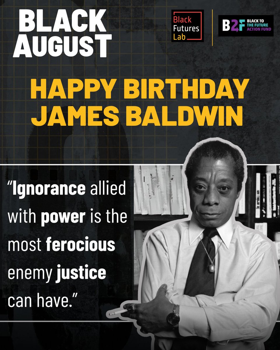 Today would’ve been James Baldwin’s 101st birthday — and what better way to kick off Black August than by honoring the legacy of a Black radical truth-teller who spoke boldly, wrote brilliantly, and loved our people fiercely. 👏🏽🖤
