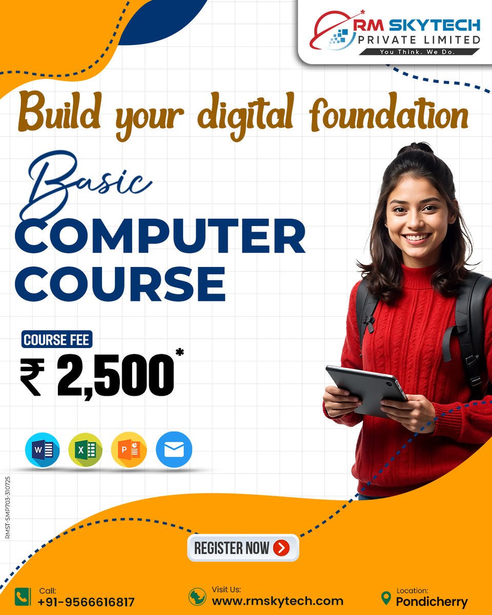 RMSkyTech1's tweet image. Build your digital foundation! 🎓 Basic Computer Course at RM Skytech for only ₹2,500. Learn Word, Excel, &amp;amp; more.

Register Now! 📞 +91-9566616817 | 🌐 rmskytech.com
#ComputerCourse #BasicComputer #Pondicherry #RMskytech #DigitalSkills #LearnFromScratch