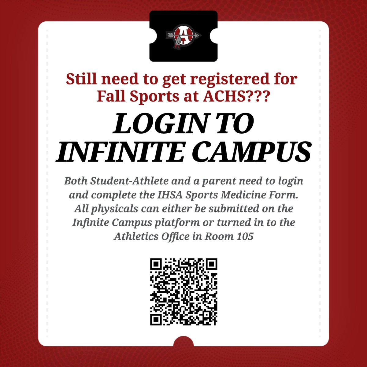 🏈🏐⚽ Still need to register for FALL SPORTS? Don’t wait!

📲 Head to Infinite Campus → School Store
✅ BOTH the student-athlete &amp; parent/guardian must log in
📝 Complete the IHSA Sports Medicine Form

shorturl.at/2o4Lp

📄 Physicals can be uploaded directly in IC