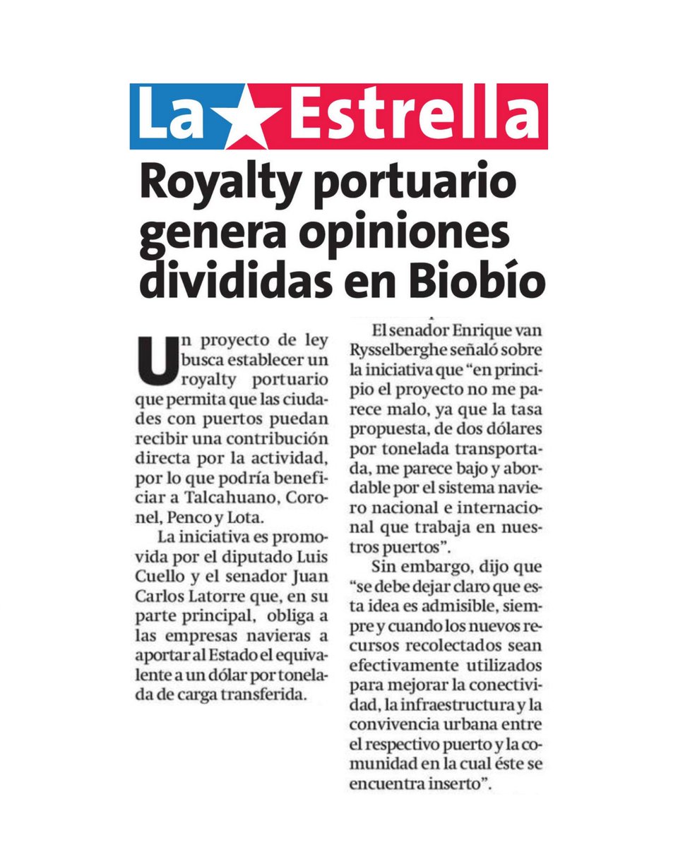 Diario La Estrella: Royalty portuario genera opiniones divididas en Biobío.