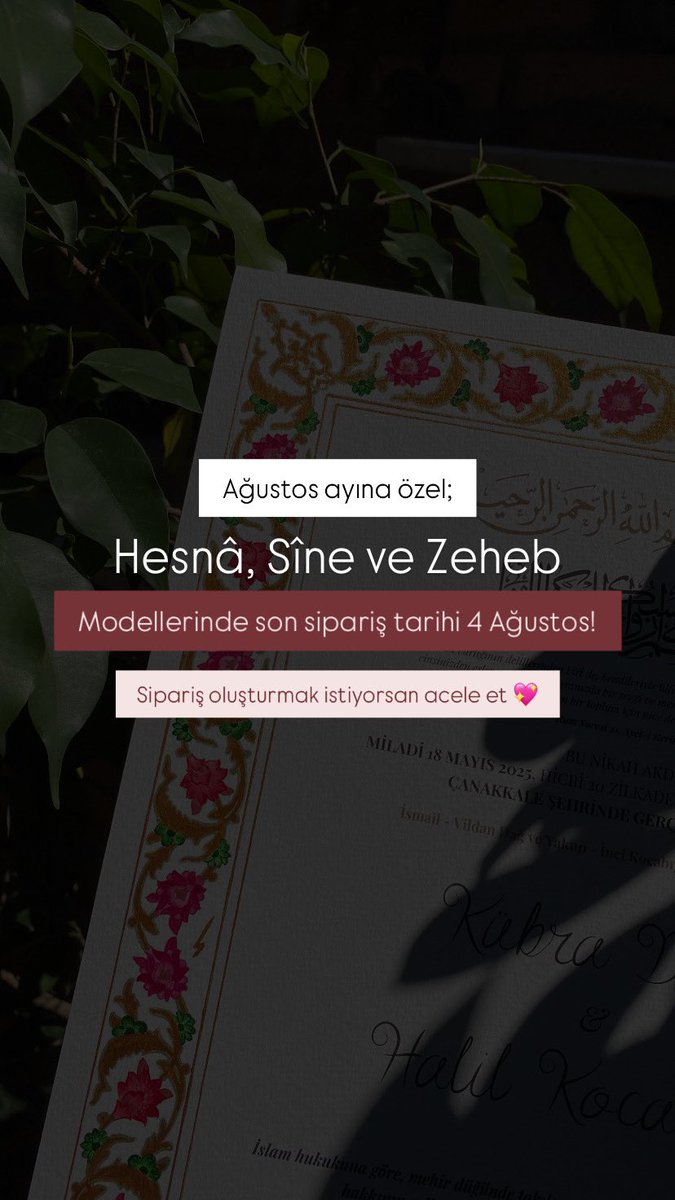 Hesnâ, Sîne ve Zeheb modellerinden sipariş vermek için son gün 4 Ağustos, acele et! 💖✨ 

Mehlikâ hariç tüm modellerimiz sipariş alımına eylül ayı itibariyle yeniden açık olacak🌷

Sipariş için: shopier.com/zehebstudio

Sorularınız için DM🫰🏻