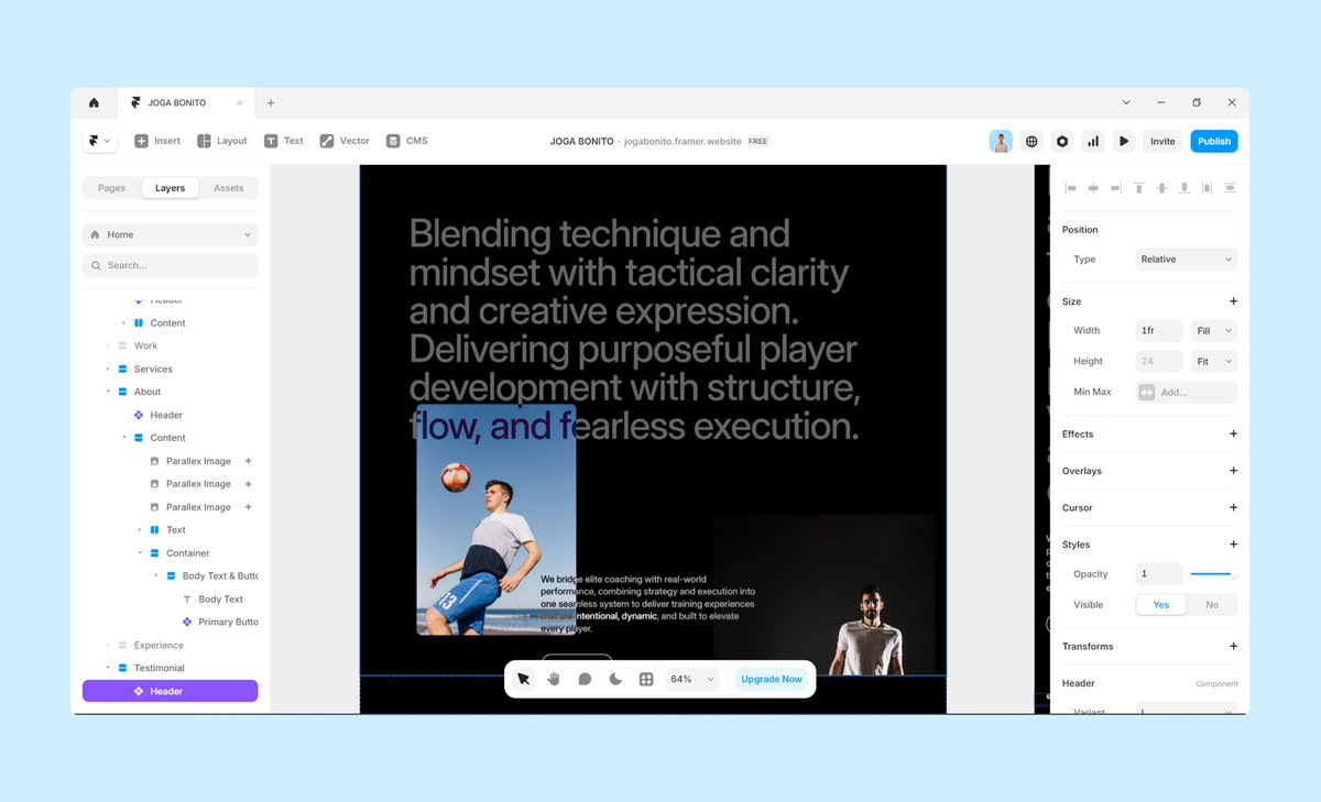noman_framer's tweet image. #28
✅ About section for Joga Bonito — done and dusted!
Crafted with personality, purpose, and a punch of bold design.
Bringing the brand’s story to life, one section at a time ⚡🔥
#Framer #WebDesign #ClientProject #JogaBonito #BuildInPublic