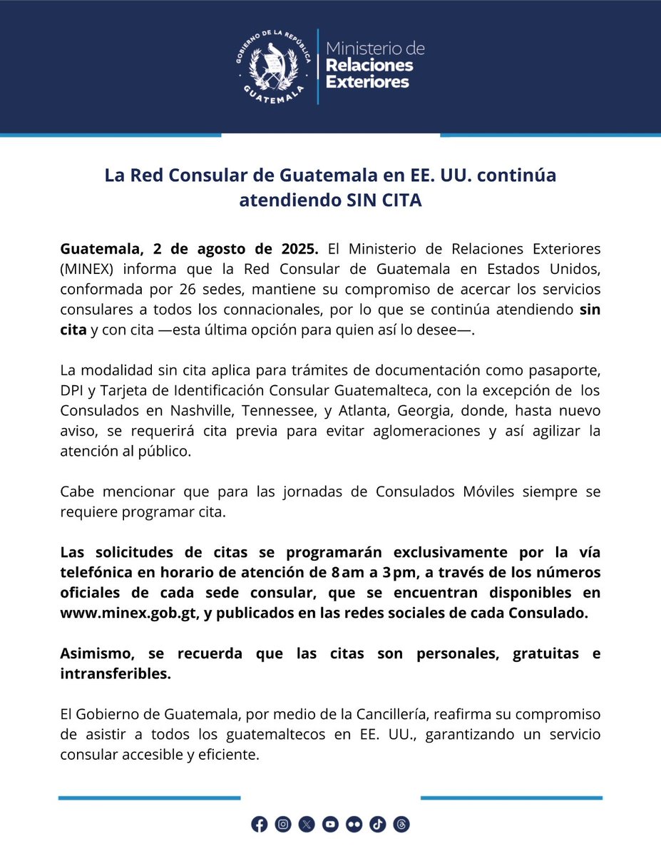 La Red Consular de Guatemala en EE. UU. continúa atendiendo SIN CITA.

#Comunicado 🔗 prensa.gob.gt/comunicado/la-…
