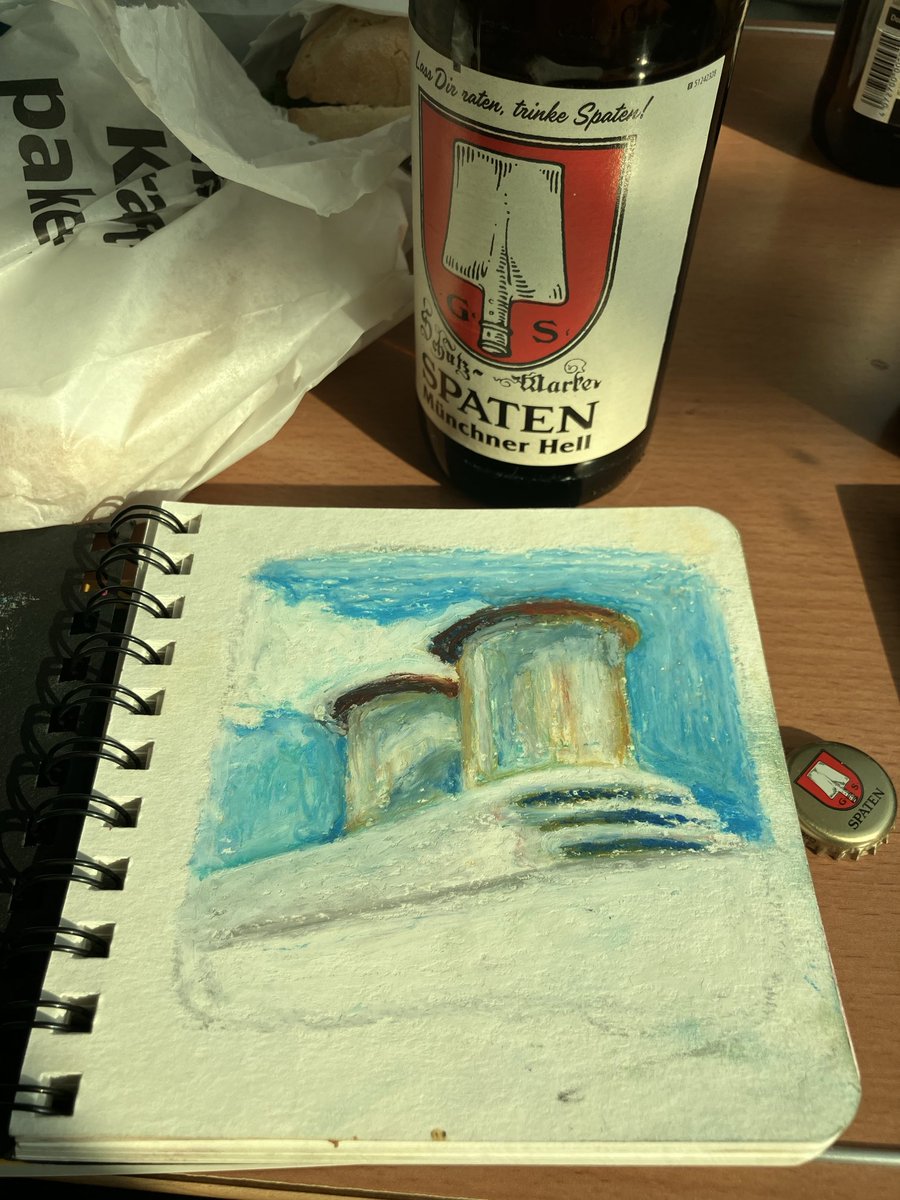 First sketch with oil pastels. The boat to Rostock on our way to Dresden.
How lovely it is to create.. and drink beer, in good company.