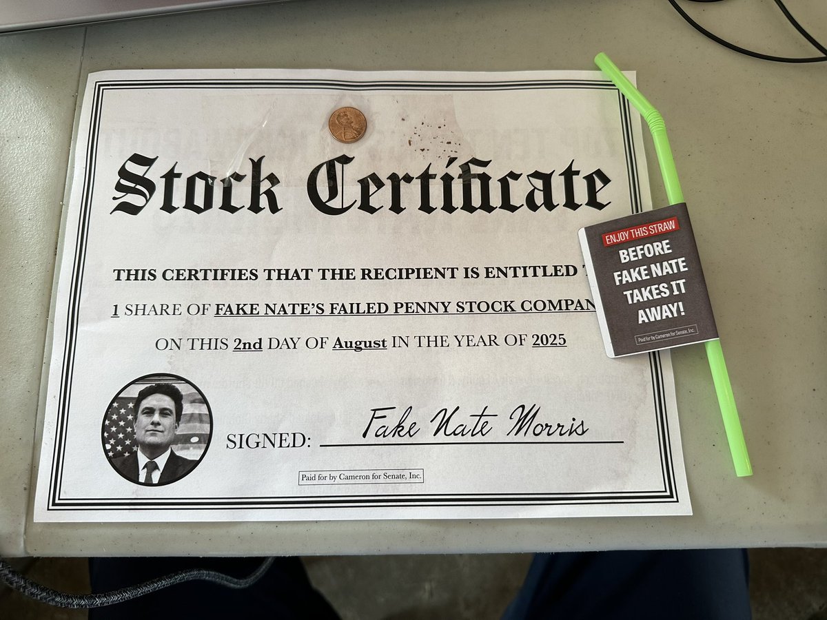 U.S. Senate candidate Daniel Cameron’s campaign handing these out at Fancy Farm, calling fellow GOP candidate Nate Morris ‘fake’ – pointing to what they call his failures as CEO of his former company
