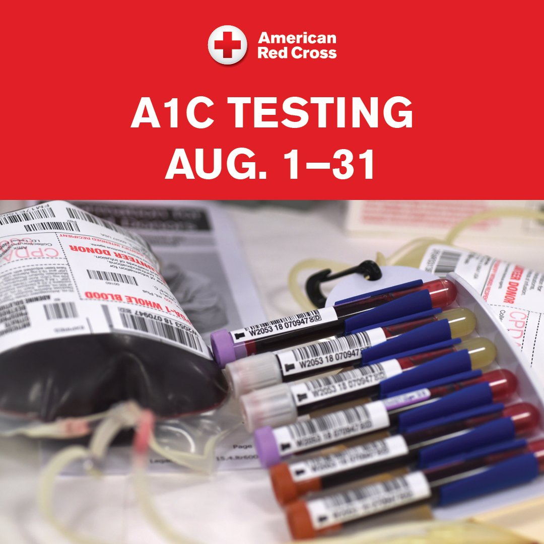 🫶 🩺 Help save lives &amp; empower your health! In August, the Red Cross will perform free A1C testing, commonly used to screen for prediabetes &amp; diabetes, on successful blood &amp; platelet donations (1 result in a 12-month period). No fasting needed. Schedule now: