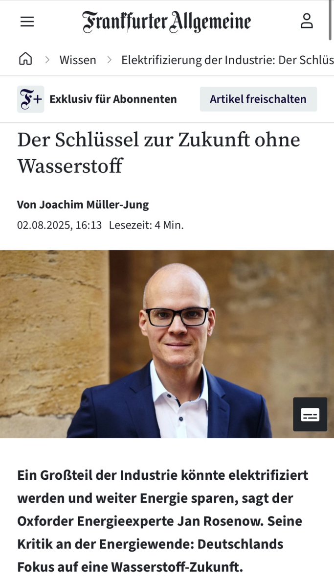Jan Rosenow (@janrosenow) on Twitter photo Had a great chat with <a href="/faznet/">Frankfurter Allgemeine</a> about the future of industry and why electrification—not hydrogen—is the real game changer for decarbonisation.
We need to focus on what works and scale it up fast.
Full interview (in German) here: faz.net/aktuell/wissen… Had a great chat with <a href="/faznet/">Frankfurter Allgemeine</a> about the future of industry and why electrification—not hydrogen—is the real game changer for decarbonisation.
We need to focus on what works and scale it up fast.
Full interview (in German) here: faz.net/aktuell/wissen…