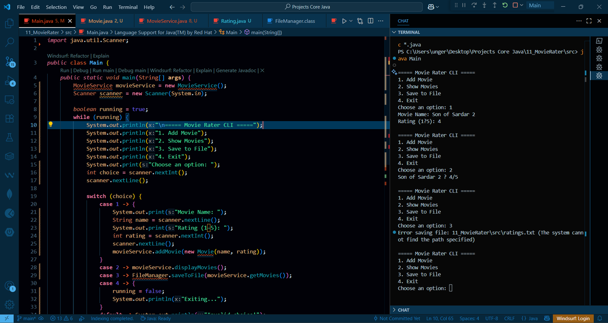 Rushi_Unge's tweet photo. ๐ Day 11 of #30DaysJavaProjects
Built a Movie Rater App in Core Java ๐ฌ
โ
Add & rate movies
โ
Enum-based ratings (ONEโFIVE)
โ
File I/O for data saving
โ
Clean OOP structure
Learnt: Enums, File Handling, OOP โจ
Follow for more! ๐ป
#Java #100DaysOfCode #JavaProjects https://t.co/kcZoSqkK6R