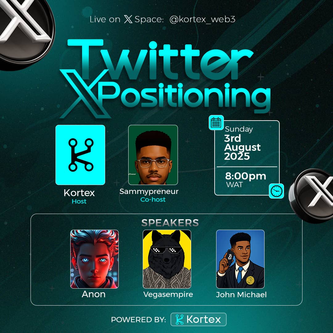 Kortex (@kortex_web3) on Twitter photo Set a reminder for my upcoming Space! x.com/i/spaces/1BRJj…
Speakers
<a href="/Sammypreneur_/">Sammypreneur 💎</a>
<a href="/Anonofweb3/">ANON 🎭</a>
<a href="/vegasempire001/">🐺Chukwuebuka 🤴🔥</a>
<a href="/Johnn_Miichael/">John Michael</a> Set a reminder for my upcoming Space! x.com/i/spaces/1BRJj…
Speakers
<a href="/Sammypreneur_/">Sammypreneur 💎</a>
<a href="/Anonofweb3/">ANON 🎭</a>
<a href="/vegasempire001/">🐺Chukwuebuka 🤴🔥</a>
<a href="/Johnn_Miichael/">John Michael</a>