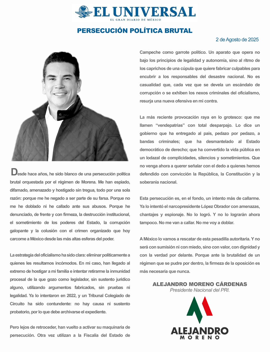 A México lo vamos a rescatar de esta pesadilla autoritaria. Y no será con sumisión ni con miedo, sino con valor, con dignidad y con la verdad por delante. Porque ante la brutalidad de un régimen que se pudre por dentro, la firmeza de la oposición es más necesaria que nunca.

Les