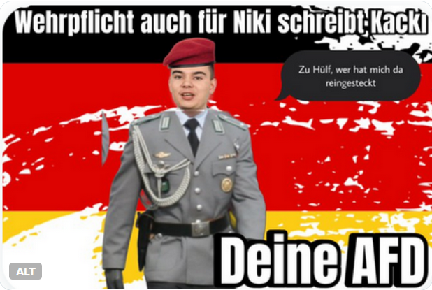 Die AfD will nach der Sommerpause einen Antrag in den Bundestag einbringen, die #Wehrpflicht wieder einzuführen.
Dass sie damit nicht durchkommen wird, dürfte der Fraktion klar sein. Warum also?
Zuallererst will sie damit innerparteilich Pflöcke einschlagen. 🧵