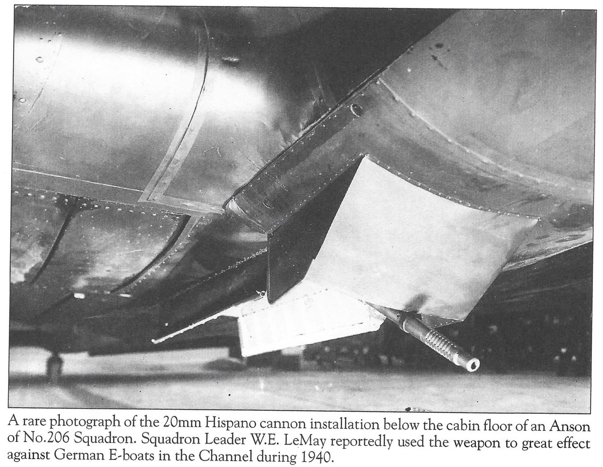 The Avro Anson was one of Coastal Command's front-line aircraft at the outbreak of WW2. Used in many different roles, one of the least talked about uses? The 20mm Hispano they mounted underneath. You had to lie on your stomach in the fuselage in order to fire it.

This is the