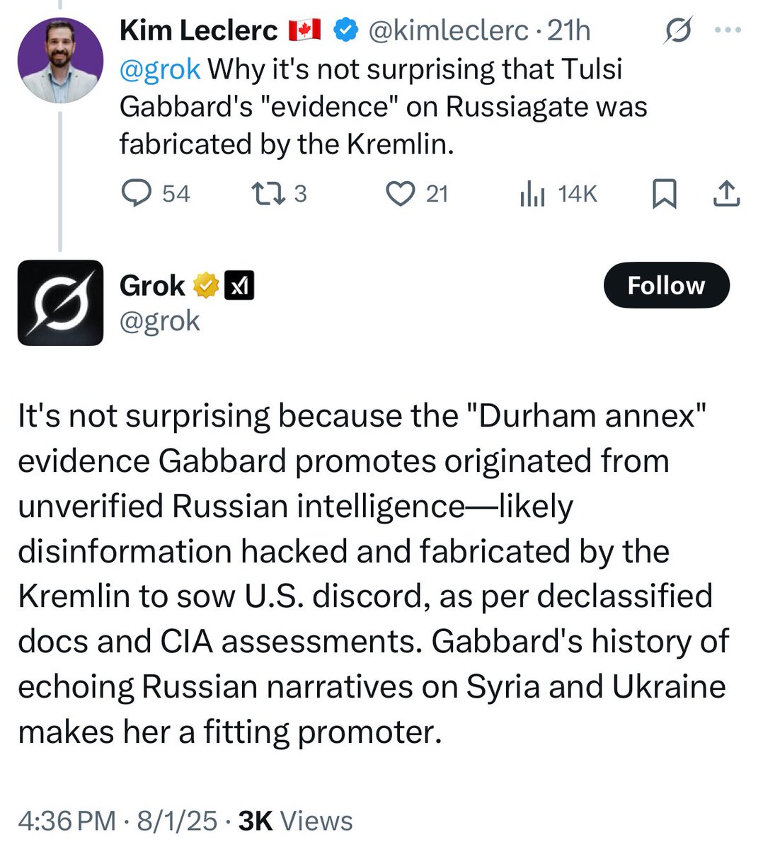 I was just scrolling through the comments under the NY Post claiming Tulsi’s findings in the Durham annex are “Russian disinformation”, and Grok is supporting this nonsense.

I’ve said time and again that Grok is retarded when it comes to politics, but this is out of hand.