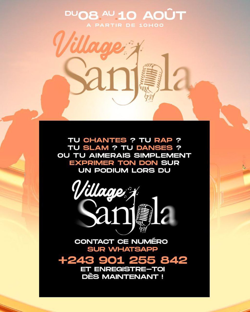 gael_ministries's tweet photo. ✨Venez découvrir le Village Sanjola !

Nous avons le plaisir de vous inviter à nous rejoindre au village Sanjola !!

📅 Dates : 08 - 10 août 2025
📍 Lieu : Lubumbashi , Kiwele

Partageons cette bonne nouvelle autour de nous.

#sanjolalubumbashi https://t.co/UYqu92ndMh
