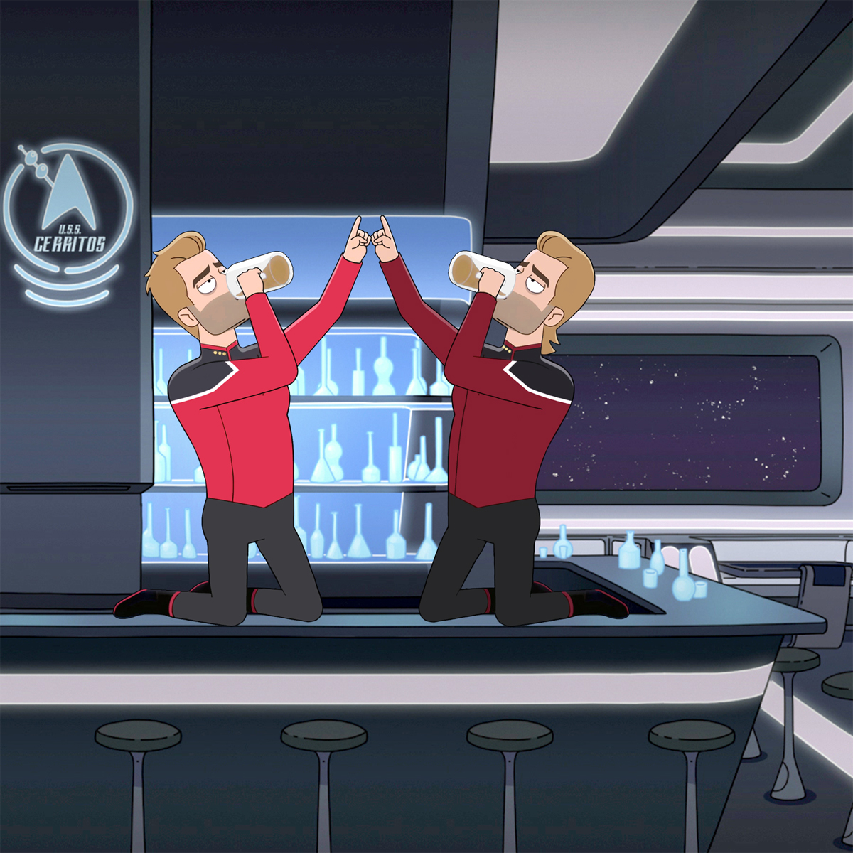 It's the weekend.
Party like the Ransoms!  
#StarTrek #StarTrekLowerDecks #JackRansom #AlternateJackRansom #partyparty