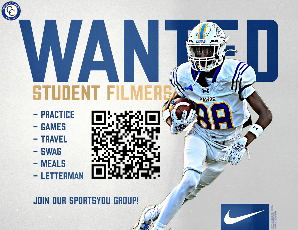 Cove Athletics (@godawgnationc) on Twitter photo Now Recruiting Student Filmer's - Open to all high school students
First Meeting: Friday, August 8th
Time: 10:00 AM
Location: High School Football Annex
For all questions email: Coach Seifert- seifertb@ccisd.com Now Recruiting Student Filmer's - Open to all high school students
First Meeting: Friday, August 8th
Time: 10:00 AM
Location: High School Football Annex
For all questions email: Coach Seifert- seifertb@ccisd.com