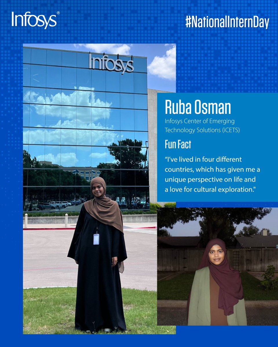 Celebrate our incredible Infoscion interns with us! ✨ Meet Ruba Osman, who is gaining experience in production-based development as an intern at Infosys Center of Emerging Technology Solutions (iCETS).

While here, she’s been working on a web app to automate the process of