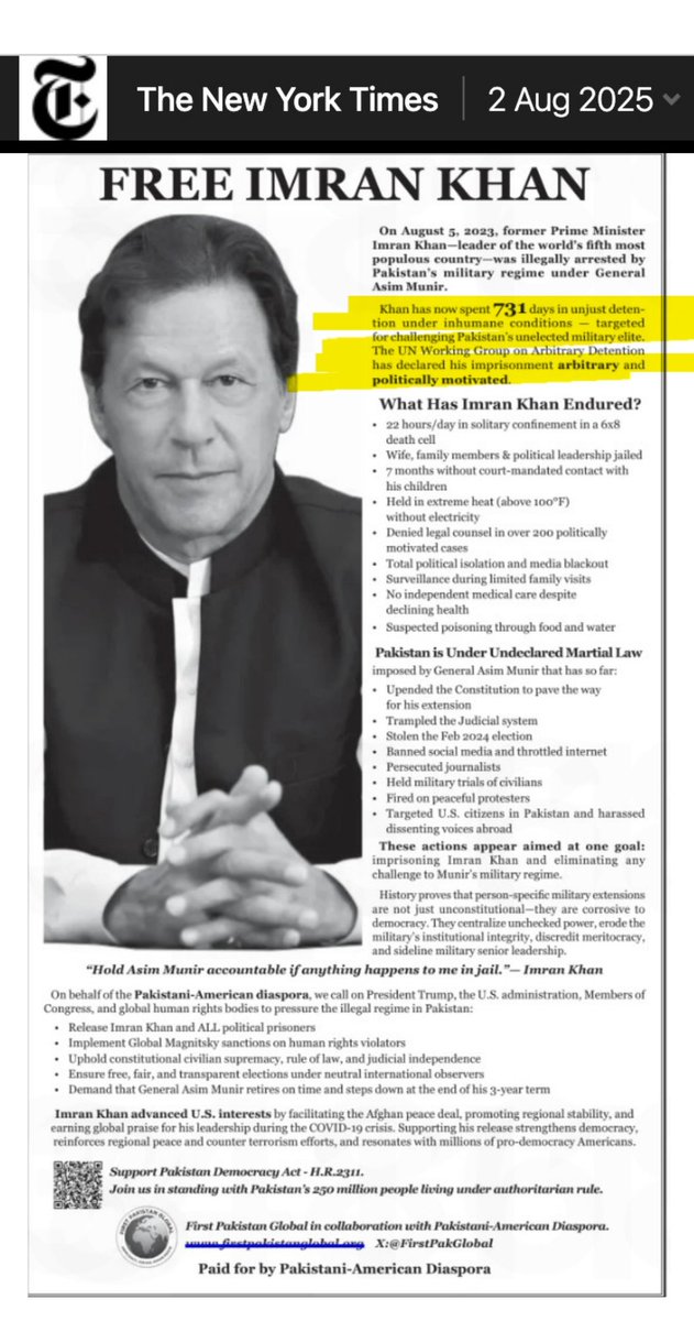🚨عمران خان کو اب تک قید میں 731 دن ہو چکے ہیں،
اقوام متحدہ کے ادارے نے اس گرفتاری کو غیرقانونی، غیرمنصفانہ، اور سیاسی انتقام قرار دیا ہے،

نیویارک ٹائمز