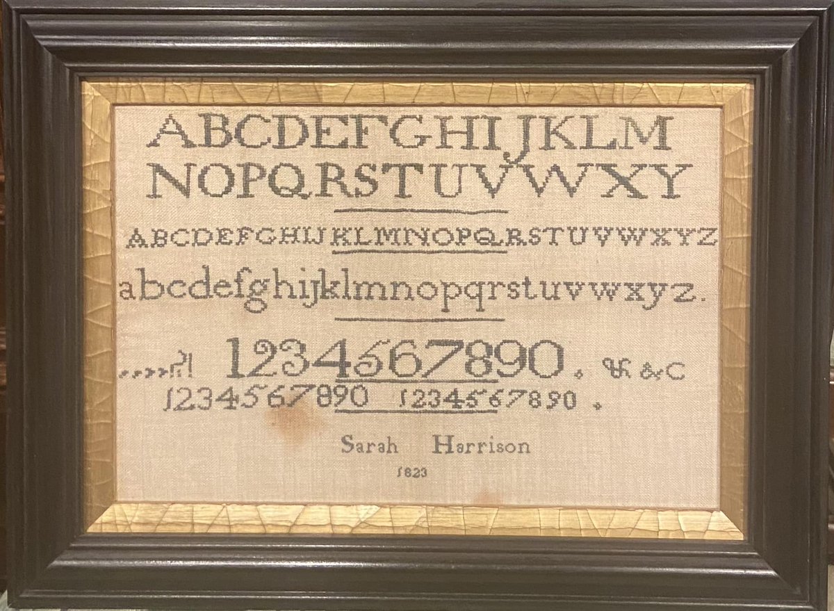 Sarah Harrison worked this very typically Quaker sampler in 1823. The simplicity, single colour, and serifed font all appear often on text-heavy samplers stitched by girls at schools run by the Religious Society of Friends