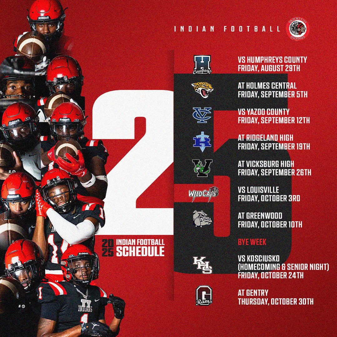 YazooCityHSFB's tweet image. It’s officially football season! 🏈🔥 Mark your calendars and come out to support your Indians all season long. Let’s make 2025 one to remember! #IndianPride #FridayNightLights #YCHSFootball