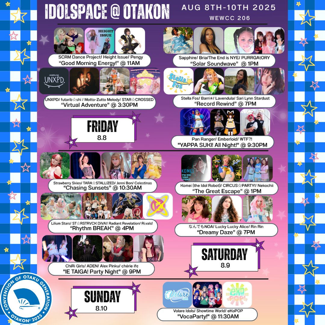 We have 39 acts performing on this year's Idolspace Stage! Stop by Idolspace in room WECC 206 to see our talented performers all weekend long. Who are you most excited to see? #Otakon2025