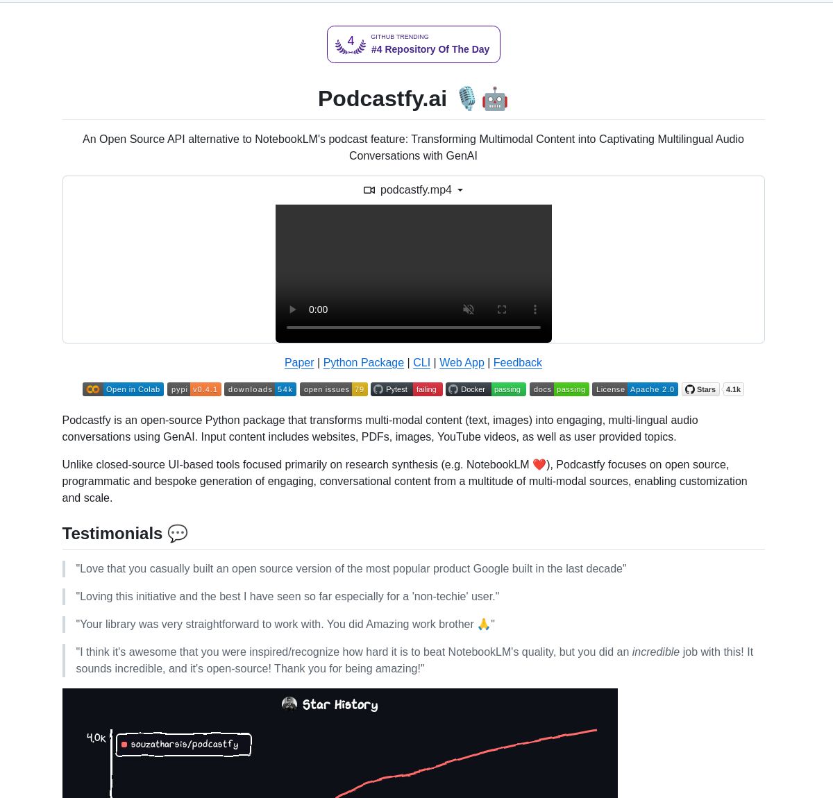 🎙️🤖 Podcastfy.ai

Transform text, images, websites &amp; videos into multilingual audio conversations. Built with LangChain, it offers local LLM deployment and multi-speaker support for complete developer control.

Check out this open-source tool on GitHub 🚀