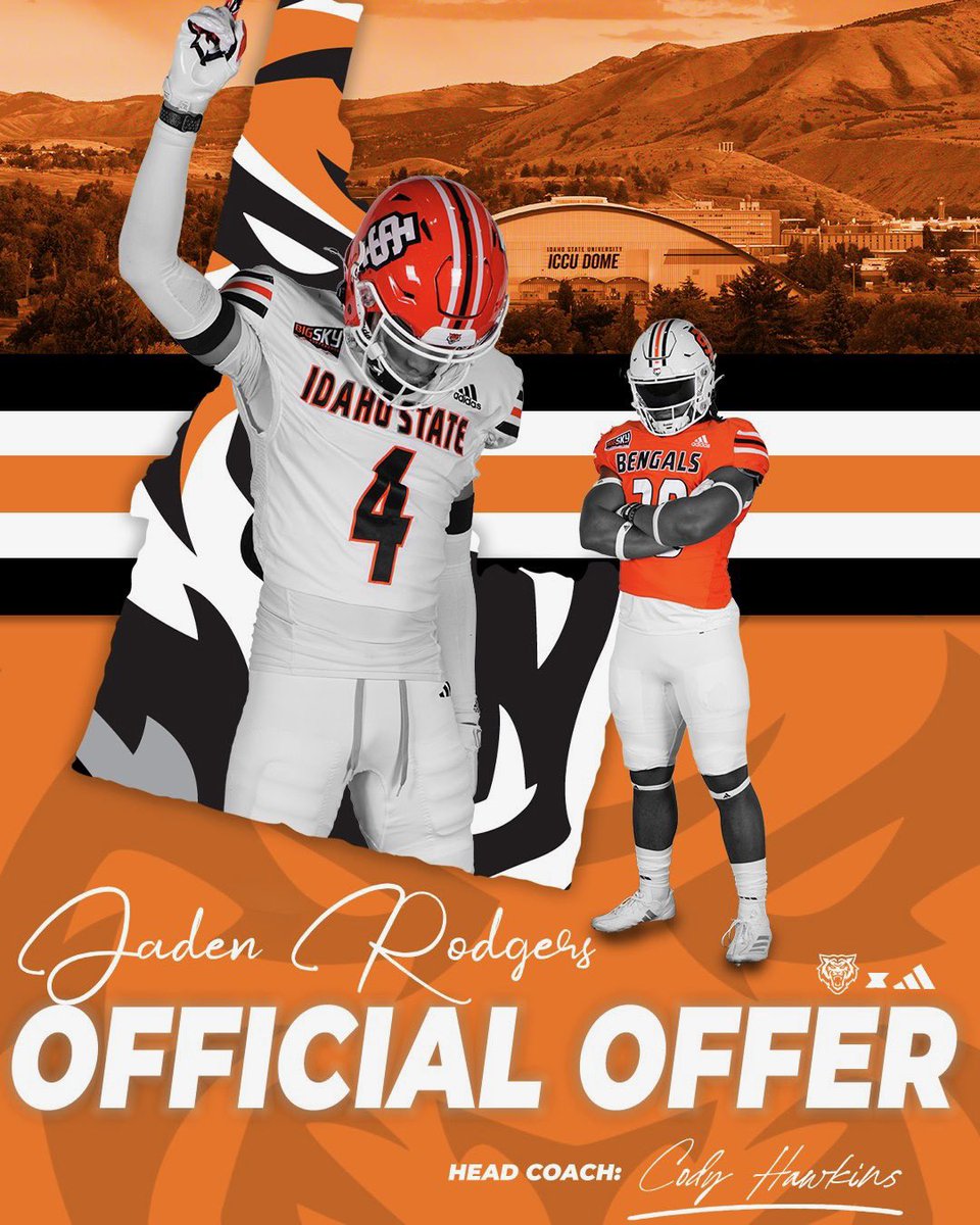 Jaden Rodgers (@jaden_rodgers5) on Twitter photo Official offer from Idaho State #AGTG #gobengals <a href="/CoachBobbyJay/">Bobby Jay</a> <a href="/BengalGridiron/">Idaho State Football</a> <a href="/SOAZFootball/">Southern Arizona Football</a> <a href="/gridironarizona/">Gridiron Arizona</a> <a href="/CodyTCameron/">Cody Cameron</a> <a href="/CoachArgraves/">Justin Argraves</a> <a href="/CoachRavenell/">Aaron Ravenell</a> Official offer from Idaho State #AGTG #gobengals <a href="/CoachBobbyJay/">Bobby Jay</a> <a href="/BengalGridiron/">Idaho State Football</a> <a href="/SOAZFootball/">Southern Arizona Football</a> <a href="/gridironarizona/">Gridiron Arizona</a> <a href="/CodyTCameron/">Cody Cameron</a> <a href="/CoachArgraves/">Justin Argraves</a> <a href="/CoachRavenell/">Aaron Ravenell</a>