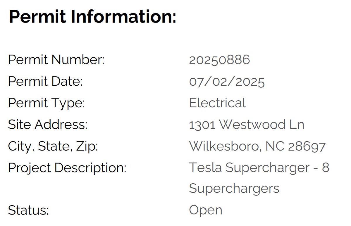 A new Supercharger is coming soon to Wilkesboro, North Carolina!!

Permits were submitted last month for an 8-stall station at the Westwood Village Food Mart.

The site is located just half a mile south of US-421 via NC-16.