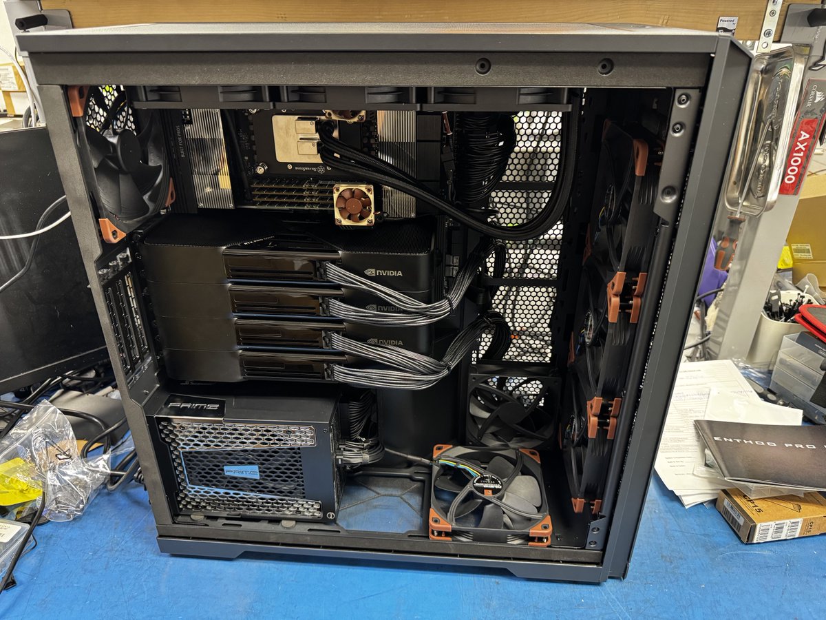 centralcomputer's tweet photo. We had the privilege of building this customer workstation at our Sunnyvale location

#AMD Ryzen Threadripper Pro 7985WX 64 Cores 128 Threads
#PNY RTX Pro 6000 Blackwell Workstation x4
#ASUSPro WS WRX90E-SAGE SE
#Samsung ECC DDR5 512GB (64GB x 8)
#Samsung 9100 Pro 4TB NVMe SSD x4
#Seasonic Prime PX-1600 Platinum PSU
#Phanteks Enthoo Pro II case
#Silverstone SST-XE360-TR5 AIO

Build your dream PC here
https://t.co/OMTkR8uG7Y

#blackwell #rtxpro6000 #amdthreadripper #customPC #workstation #rendering
