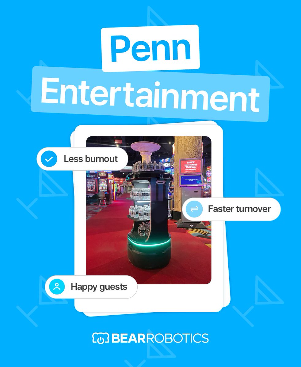 bearrobotics's tweet image. At Penn Entertainment, efficiency equals consistency. Partnering with Bear Robotics, they introduced Servi Plus for food transport. Results:  

✔️ Faster table turnover  
✔️ Less staff fatigue  
✔️ Quicker guest service  
✔️ Enhanced hospitality  
Interested in learning more?