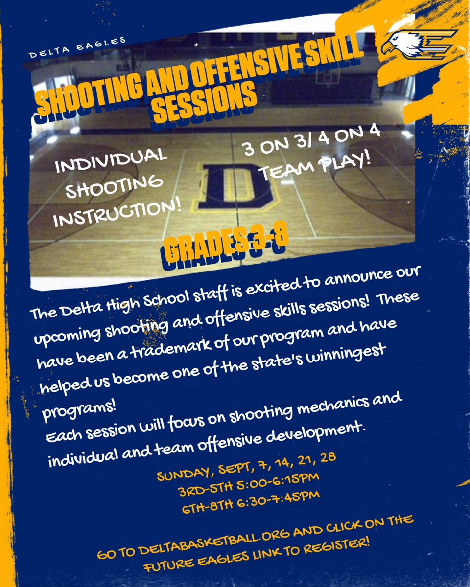 Time for some Fall Hoops sessions for our 3rd-8th graders!
Go to Deltabasketball.org to register!
