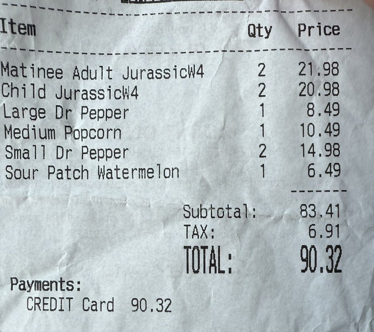 $90 to go to the movies with my wife and two of my kids is absolutely INSANE. 

2 adult tickets + 2 child tickets
3 drinks (2 small), 1 popcorn, 1 candy 

This was for the “matinee” at 1:00 PM too at <a href="/RegalMovies/">Regal</a>.