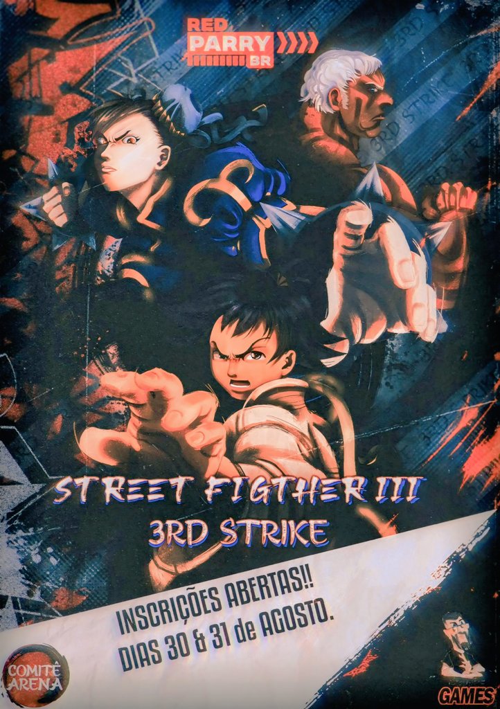 INSCRIÇÕES ABERTAS! 
SF III 3RD STRIKE, no Comitê Arena 2025! Dias 30 e 31 de Agosto, São Paulo, Brasil 🇧🇷
start.gg/tournament/com…
Inscrevam-se! 👆
Entrada no evento no valor de 50$.

Vídeo rápido pra quem não sabe como se inscrever:
x.com/LC_3rd/status/…

Nos vemos OFFLINE 👊