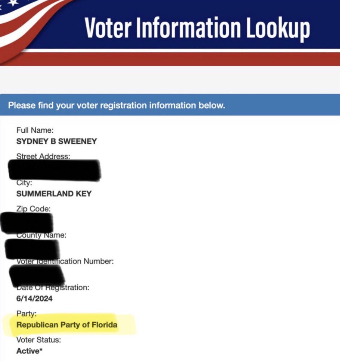 🗳️🇺🇸 𝗙𝗟𝗔𝗦𝗛 — Sydney Sweeney gagne encore en popularité aux États-Unis après la révélation de son inscription comme électrice pour le parti républicain de Donald Trump, symbole de l’anti-wokisme.