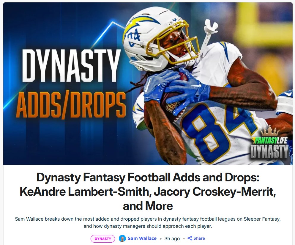 Sam Wallace (@swallace_ff) on Twitter photo Pretty humbling to see my latest article on the front page of <a href="/MBFantasyLife/">Fantasy Life</a> ๐
Check out all the amazing tools and resources we have to offer and use code SAM to get 20% any Tier of FL+
๐fantasylife.com/pricing Pretty humbling to see my latest article on the front page of <a href="/MBFantasyLife/">Fantasy Life</a> ๐
Check out all the amazing tools and resources we have to offer and use code SAM to get 20% any Tier of FL+
๐fantasylife.com/pricing