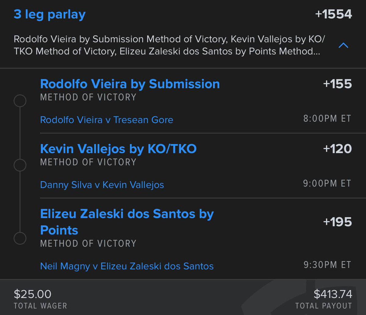 monsterdotbet's tweet image. UFC Fight Night Cycle Parlay 🤖

We had our AI Betting Agent put together a parlay for tonight’s fights 😈

$100 to a follower who ❤️ this post if we cash
