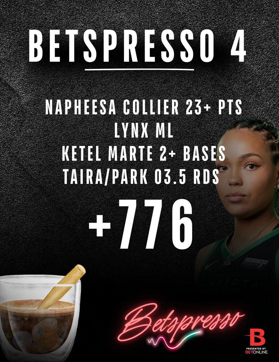 Betting News (@yourbettingnews) on Twitter photo BETSPRESSO 4⃣
+776
Ride with the Squad today in the UFC, MLB & WNBA🏀⚾️🦾
<a href="/SweatpantJesus/">Daniel Collins</a>
<a href="/trizzy_bets/">SharpTrizz🗡</a>
<a href="/vsaaauce/">V</a> BETSPRESSO 4⃣
+776
Ride with the Squad today in the UFC, MLB & WNBA🏀⚾️🦾
<a href="/SweatpantJesus/">Daniel Collins</a>
<a href="/trizzy_bets/">SharpTrizz🗡</a>
<a href="/vsaaauce/">V</a>