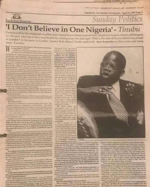 He said it that he didn’t believe in One Nigeria.

And most of his recent actions prove that he isn’t reformed from that primitive thought.

My joy is that Nigerians hv records of his glaring, audaciously insulting, unprecedented nepotism.

His fellow tribalists will be reminded.