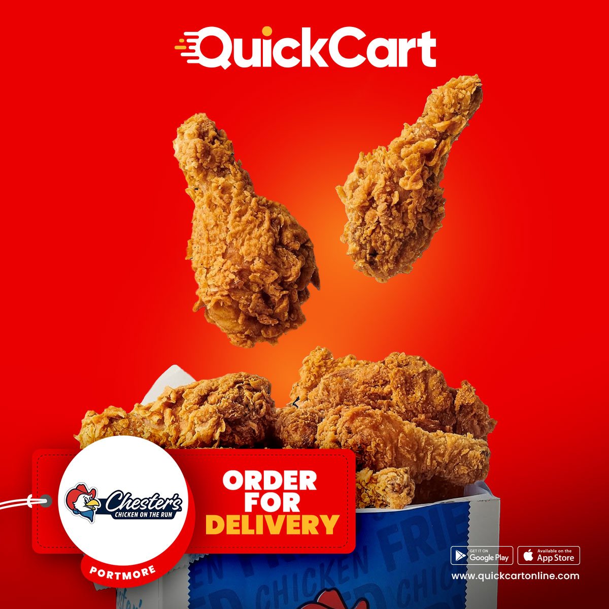 Portmore! Chester's Chicken is now available for delivery on QuickCart! Hot, juicy, fried chicken and more, delivered straight to your door.

Get it now at quickcartonline.com!