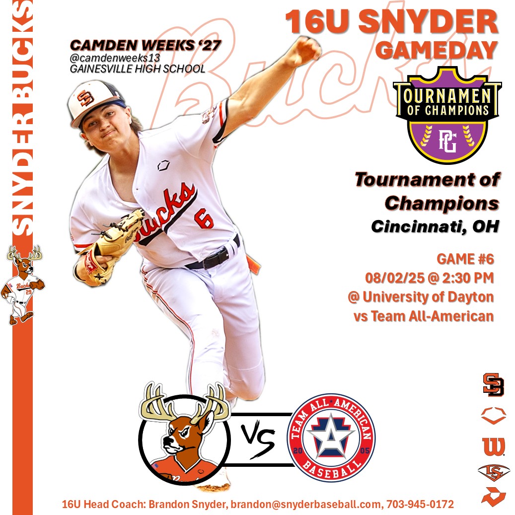 Snyder Baseball (@snyderbaseball) on Twitter photo Snyder Bucks 16U Snyder Game 6
The boys get going around 2:30 today in the <a href="/PG_OhioValley/">Perfect Game Ohio Valley</a> #TOC.
'27 Cam Weeks <a href="/CamdenWeeks13/">Cam Weeks</a> is on the mound to bring this one home.
Good Luck BUCKS!!!
<a href="/BrandonSnyder29/">Brandon Snyder</a>
<a href="/NextLVLProspect/">Next Level Prospects</a>
<a href="/NextLVLSouth/">Next Level Prospects South</a> Snyder Bucks 16U Snyder Game 6
The boys get going around 2:30 today in the <a href="/PG_OhioValley/">Perfect Game Ohio Valley</a> #TOC.
'27 Cam Weeks <a href="/CamdenWeeks13/">Cam Weeks</a> is on the mound to bring this one home.
Good Luck BUCKS!!!
<a href="/BrandonSnyder29/">Brandon Snyder</a>
<a href="/NextLVLProspect/">Next Level Prospects</a>
<a href="/NextLVLSouth/">Next Level Prospects South</a>